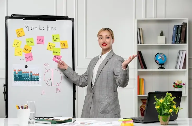 Marketing young pretty cute business lady in grey blazer in office waving hands and happy